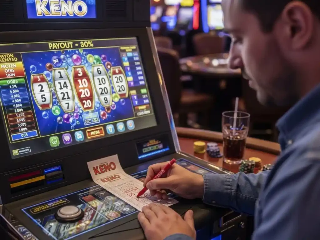 Man playing digital casino keno with numbers displayed on betvisa com