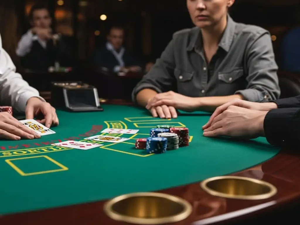 Man playing digital casino blackjack 21 with cards and chips at panaloko casino