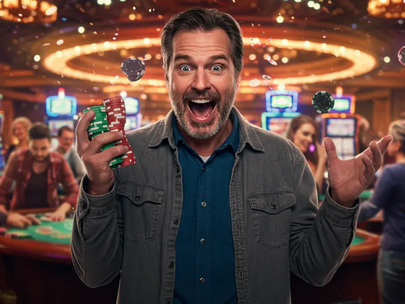 Excited man holding casino chips in a realistic sabong site environment