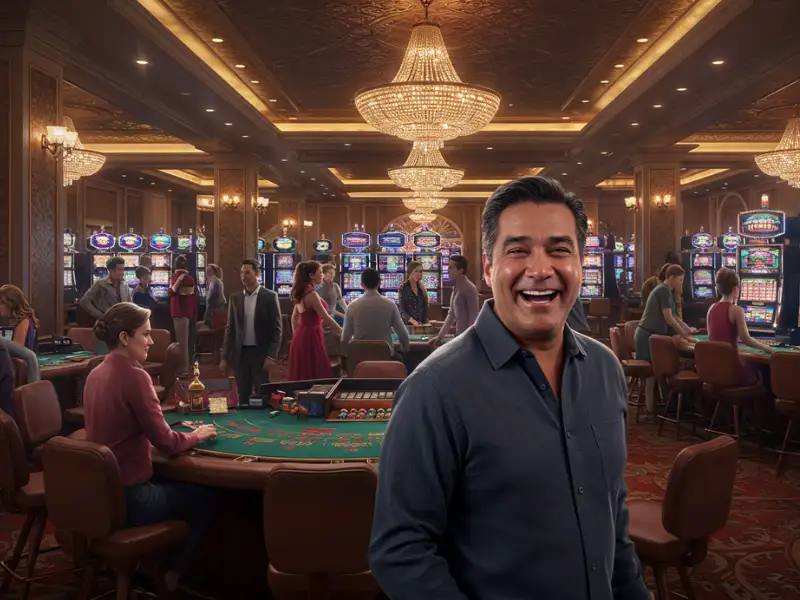 Happy man beside an online slot meter display