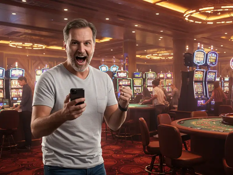 Excited man holding a phone using PNXBet Casino