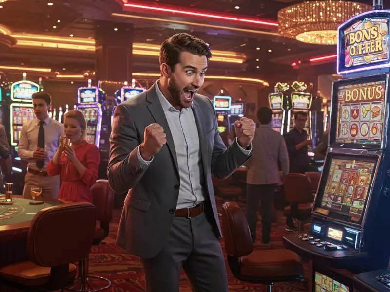 Excited man holding a slot bonus reward