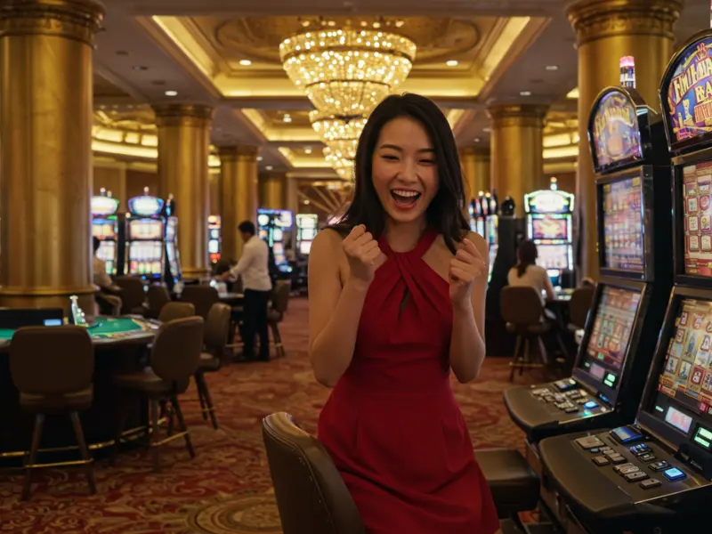 Woman winning a slot game bonus while playing