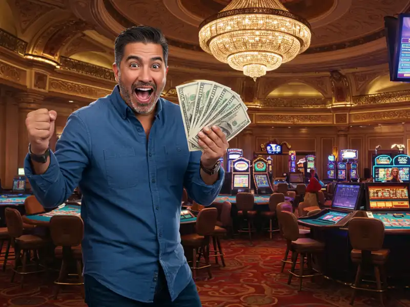 Excited man holding cash inside a realistic Spin PH 88 casino environment