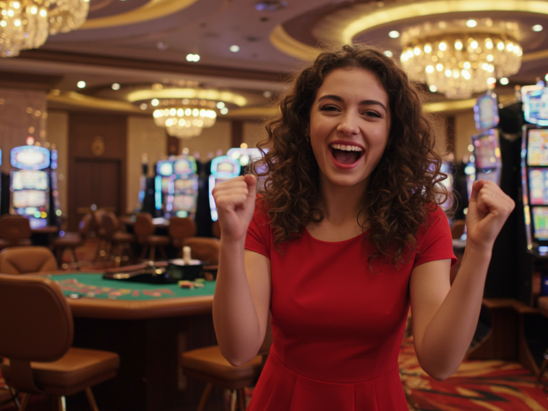 Happy woman signing up and enjoying TMTPlay casino games