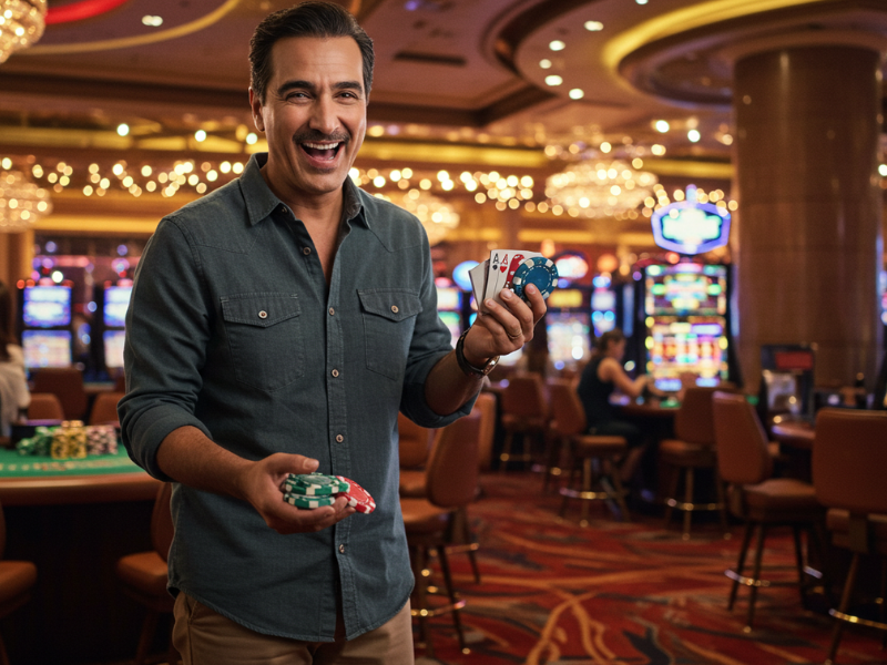 Happy man holding cards and chips after TMTPlay sign up