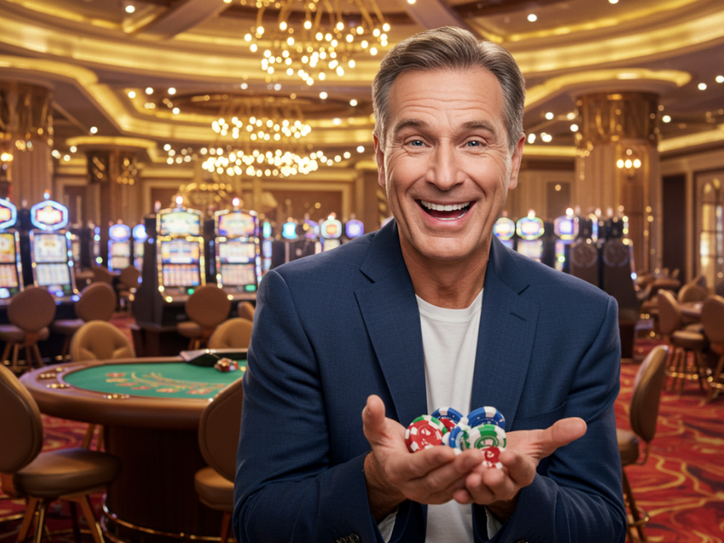 Man winning poker and holding chips after TMTPlay sign up