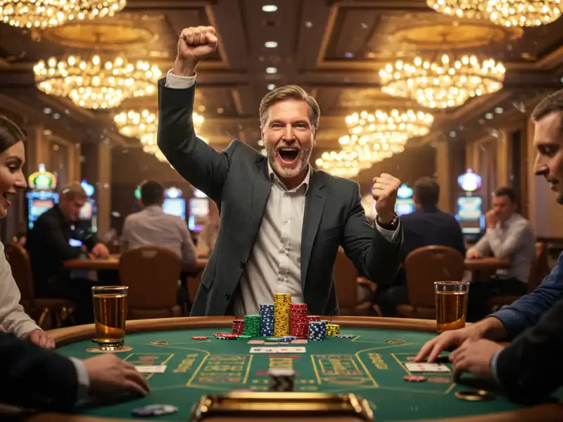Happy man inside a casino enjoying online bonus perks