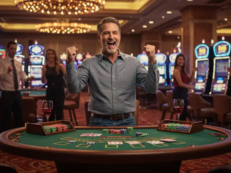Happy man playing card game using casino online bonus