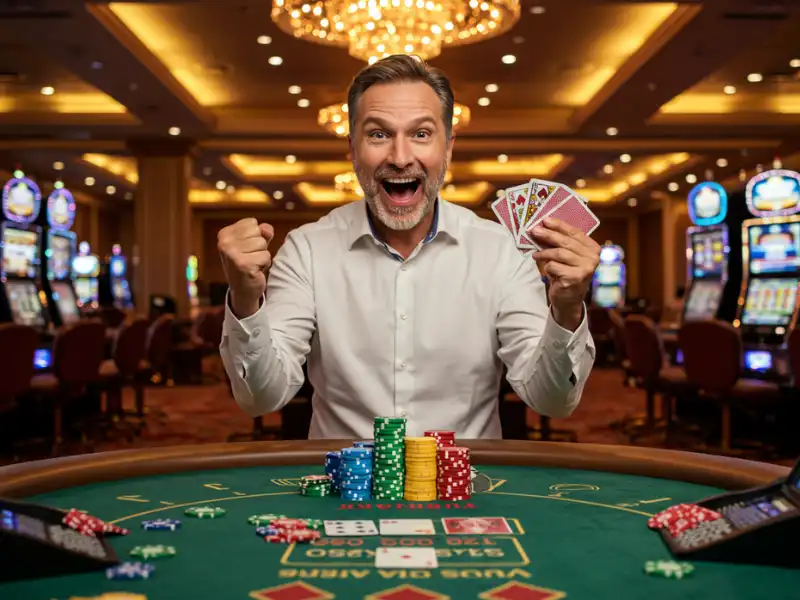 Happy man winning slot game with casino online bonus