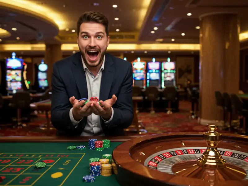 Happy man enjoying poker game with casino online bonus