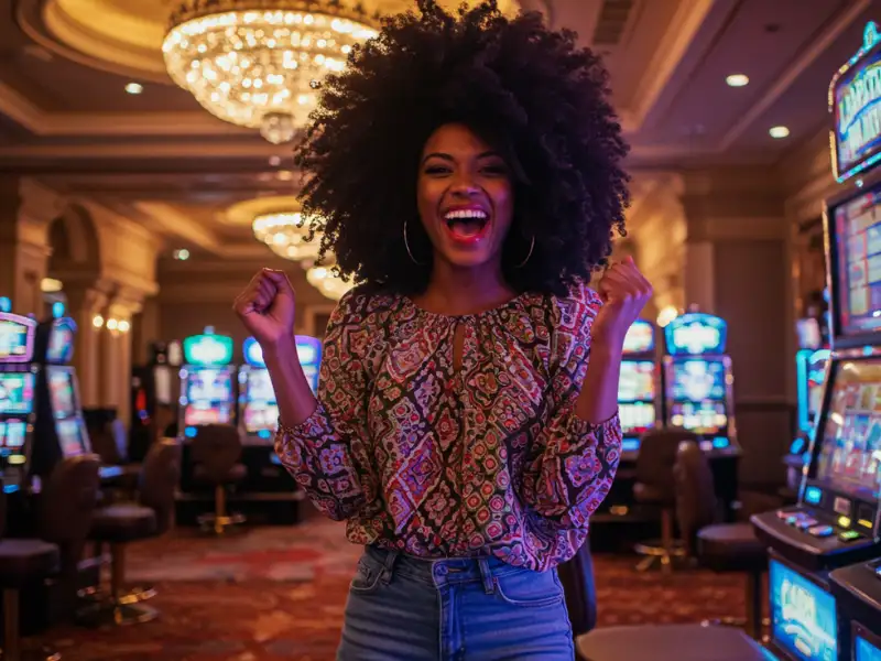 Happy woman celebrating slot machine win on online sabong websites