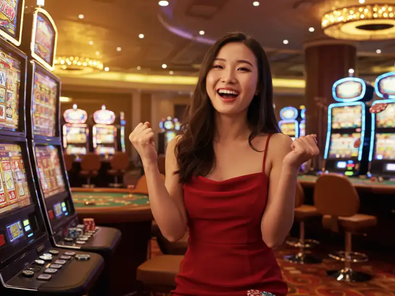 Happy woman playing card game at Playzone VIP
