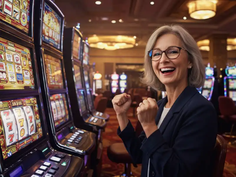 Happy woman winning slot game at Playzone VIP casino