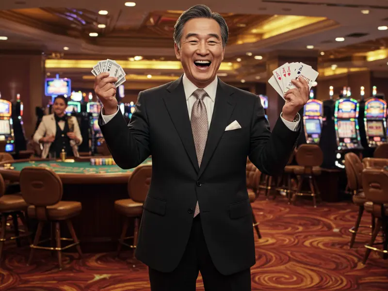Happy man holding playing cards during Sabong International Live