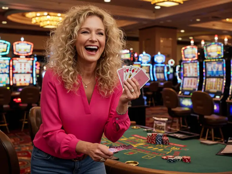 Happy woman playing poker in scatter link game online