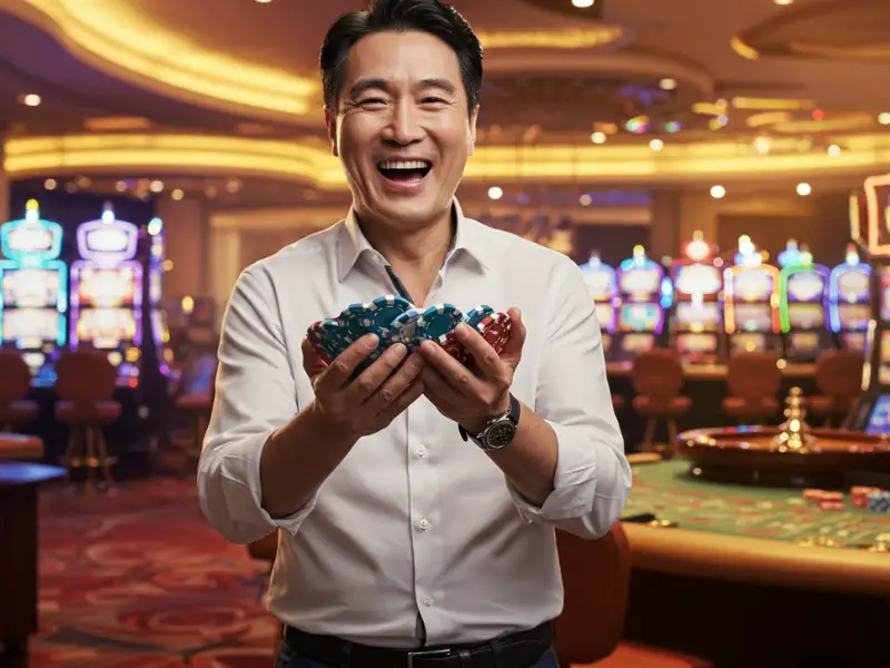 Happy man holding chips while playing scatter link game online