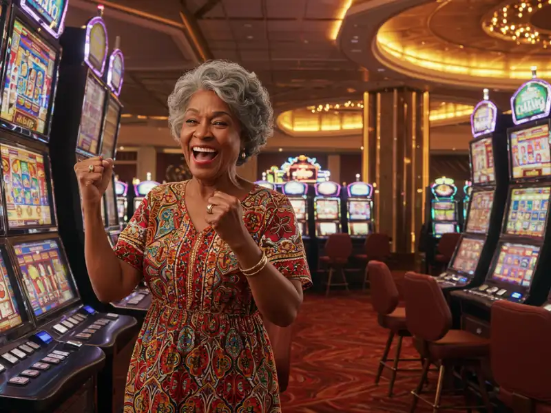 Happy woman playing slots with slot free 100 new member bonus