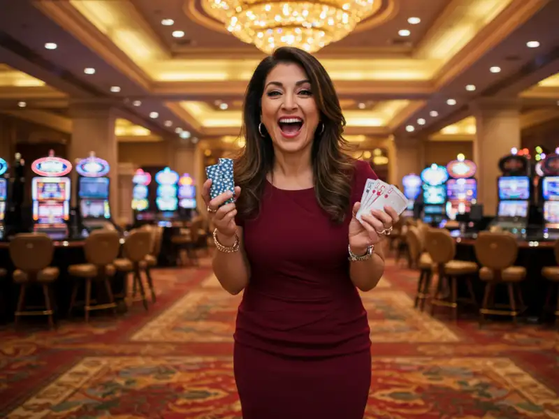 Happy woman holding cards and casino chips at slotsph online