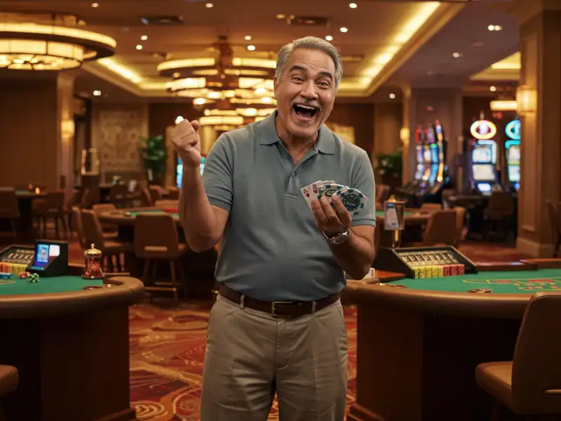 Man holding cards and casino chips while playing at slotsph