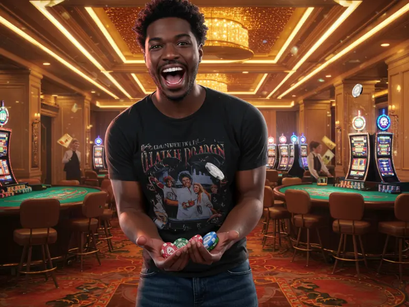 TMT Cash deposit happy man holding chips after poker win