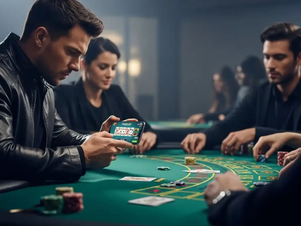 : Man playing digital casino Pusoy Go with virtual cards at the best online casino