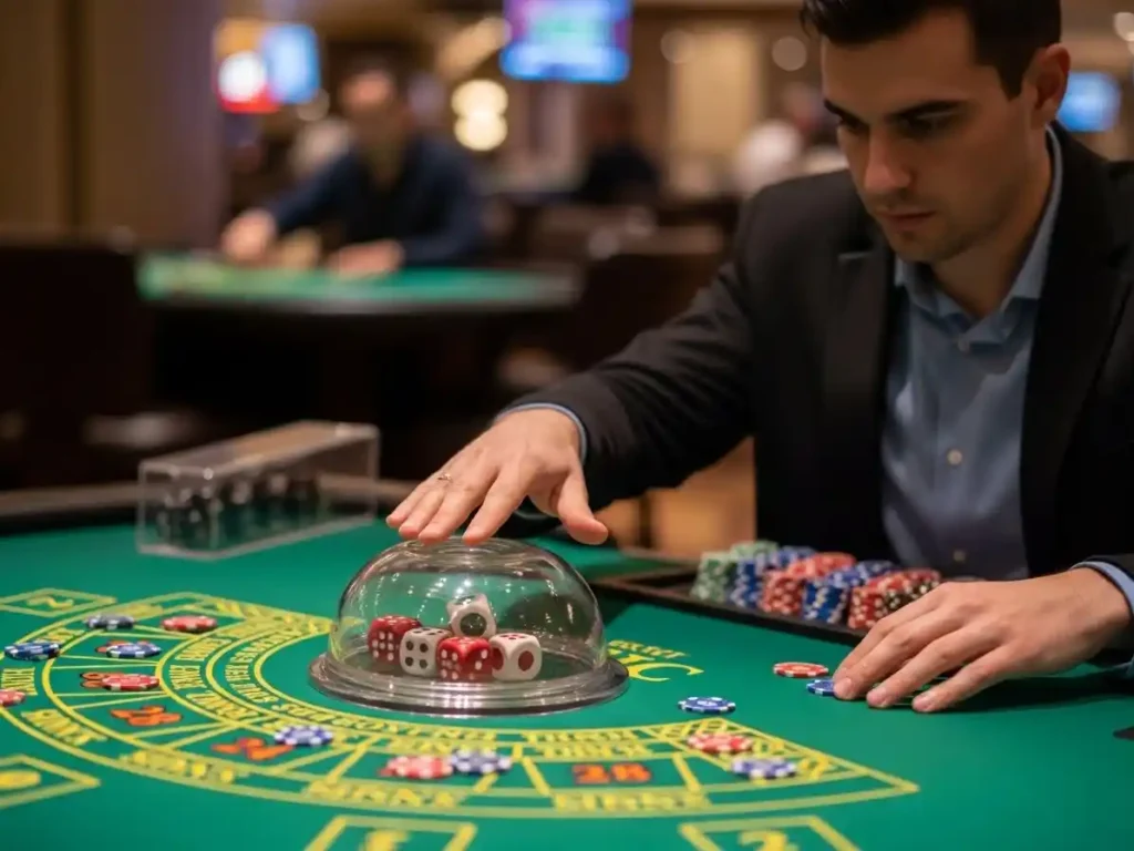 Man playing digital casino Sic Bo with dice interface on tmt cash login