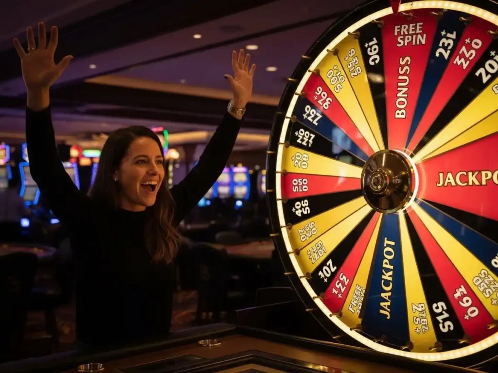 Smiling person playing Wheel of Fortune online slot at TMT Nustar Online Casino