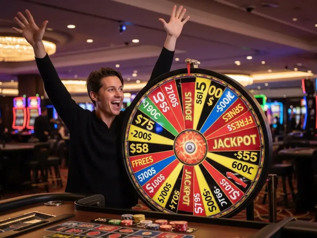 Cheerful casino player celebrating a Wheel of Fortune win at TMT Nustar Online Casino