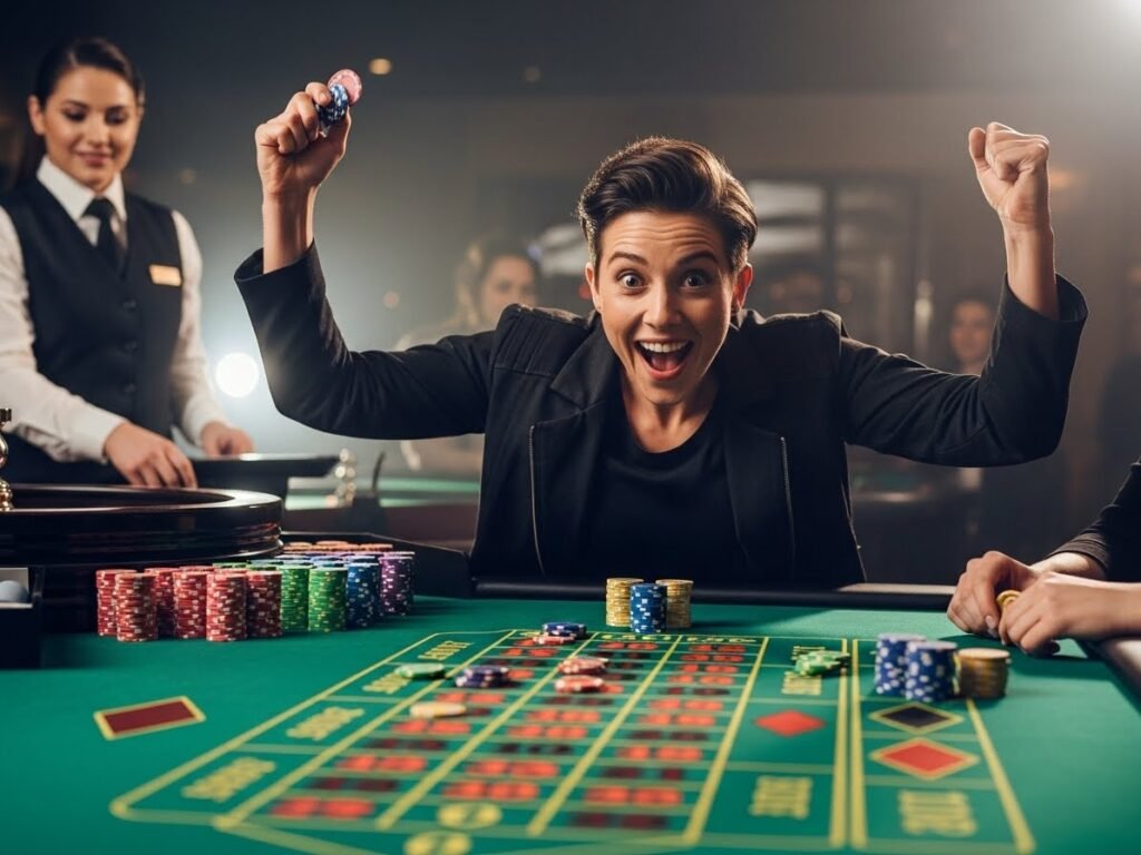 Cheerful player celebrating a roulette win in a Pinoy casino
