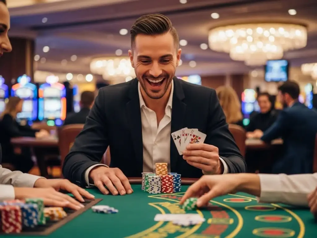Smiling person playing Three Card Poker online for real money