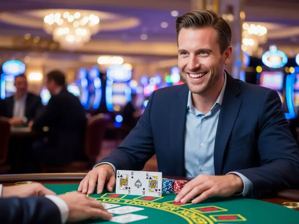 Cheerful casino player celebrating a Three Card Poker win in an online casino for real cash