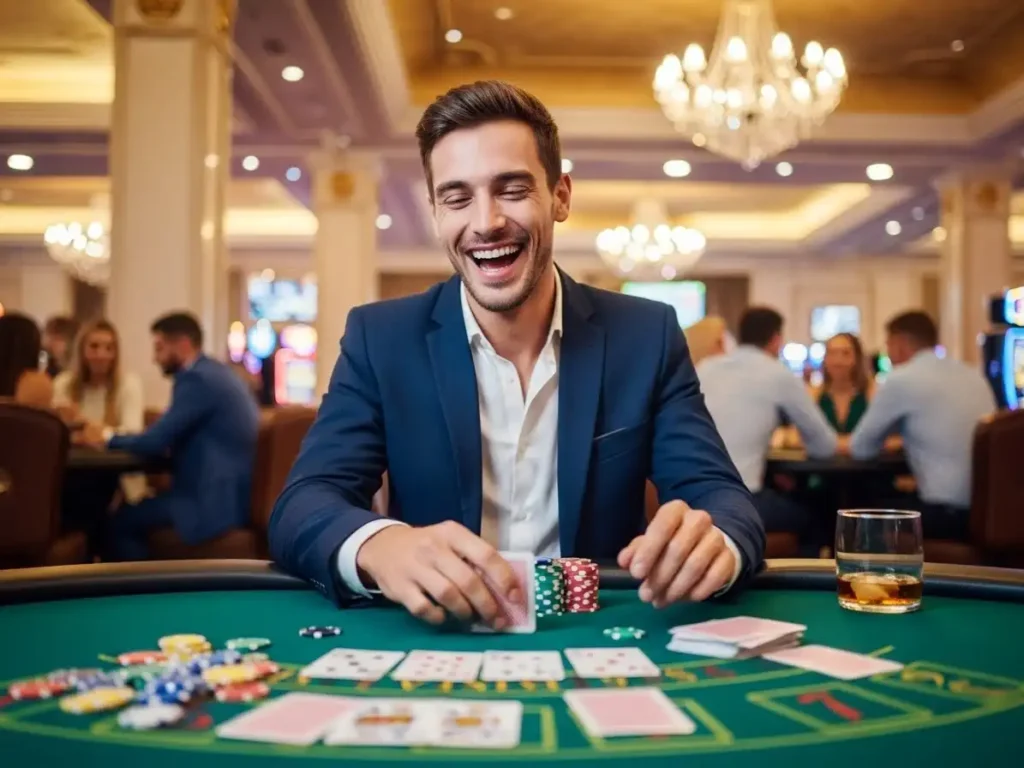 miling person playing online poker game in an online casino club