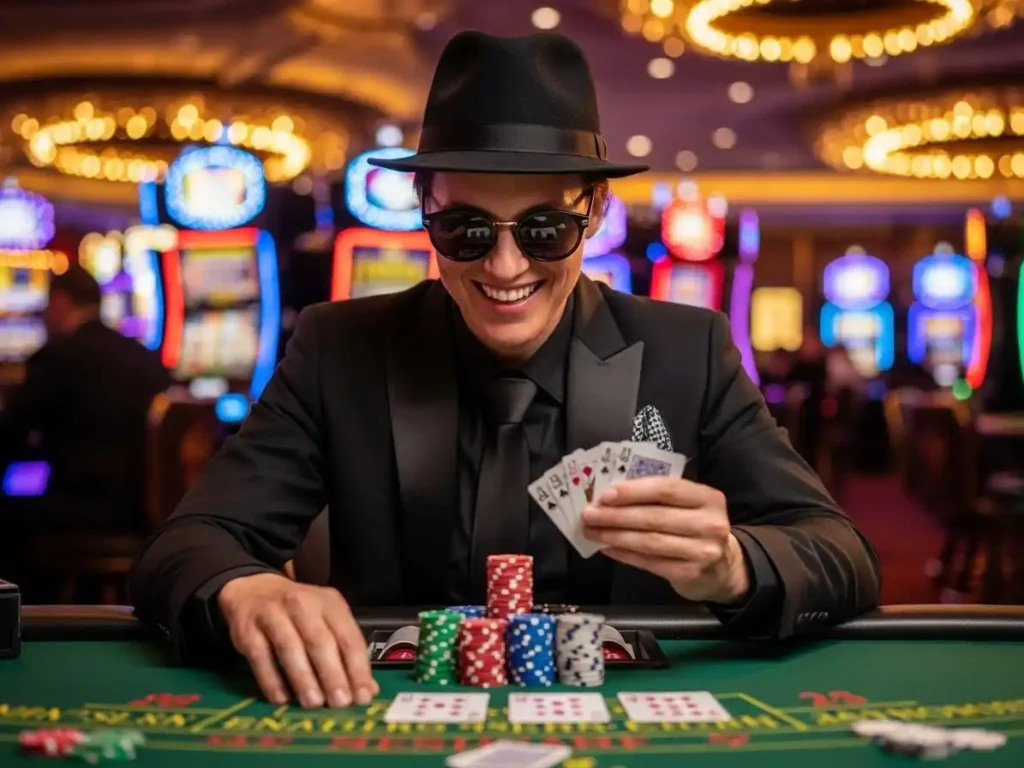 Cheerful poker player celebrating a winning hand in an online casino club