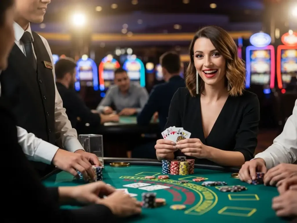 Happy person smiling while playing poker at an online casino club