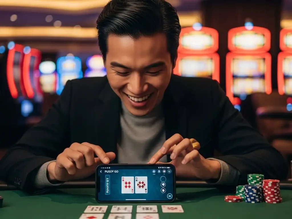 Happy person smiling while playing Pusoy Go online at 777 Pub online casino