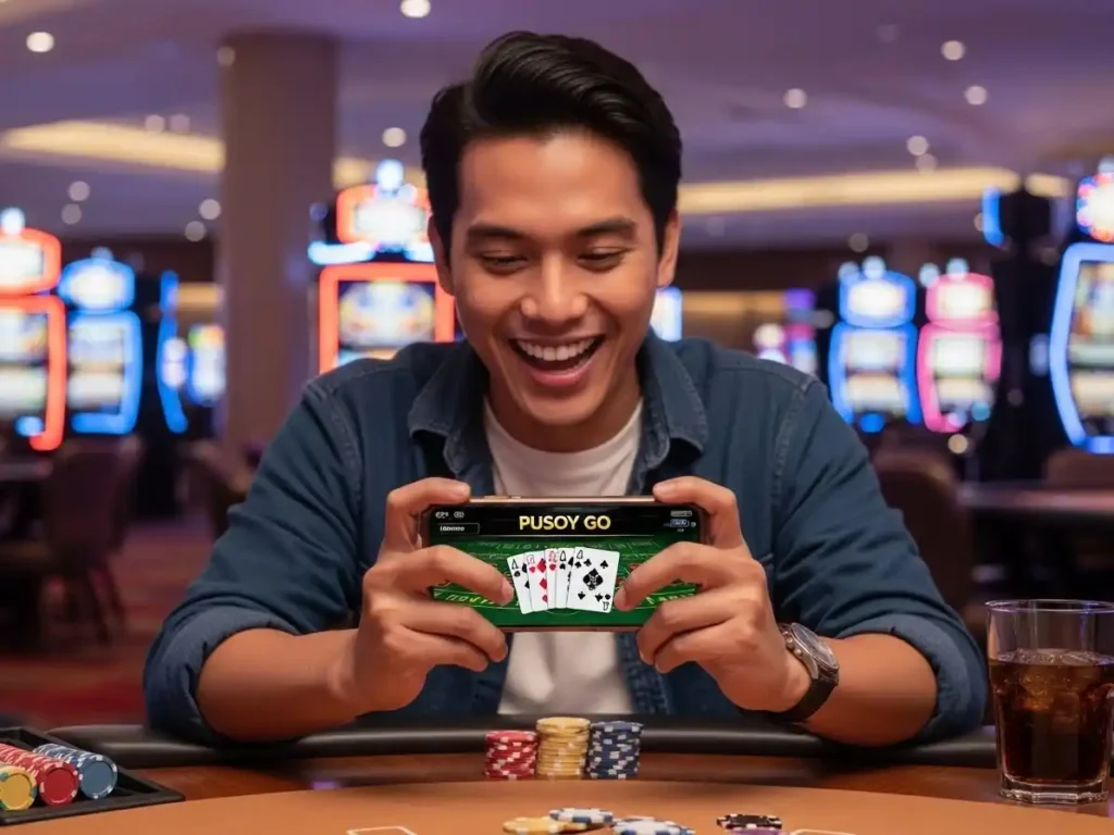 Cheerful casino player celebrating a Pusoy Go win on 777 Pub online casino