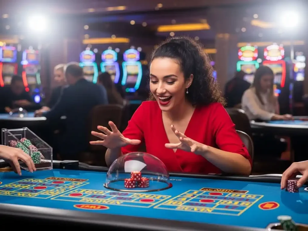 Cheerful casino Sic Bo player celebrating a winning roll in an online casino club