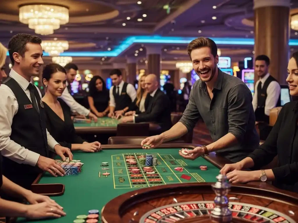 Cheerful casino player watching the roulette wheel spin in an online casino club