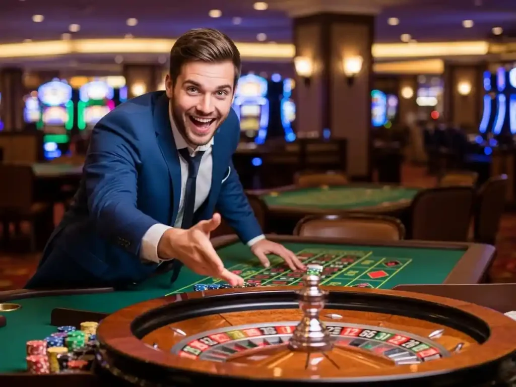 Happy person smiling while playing live roulette at an online casino club