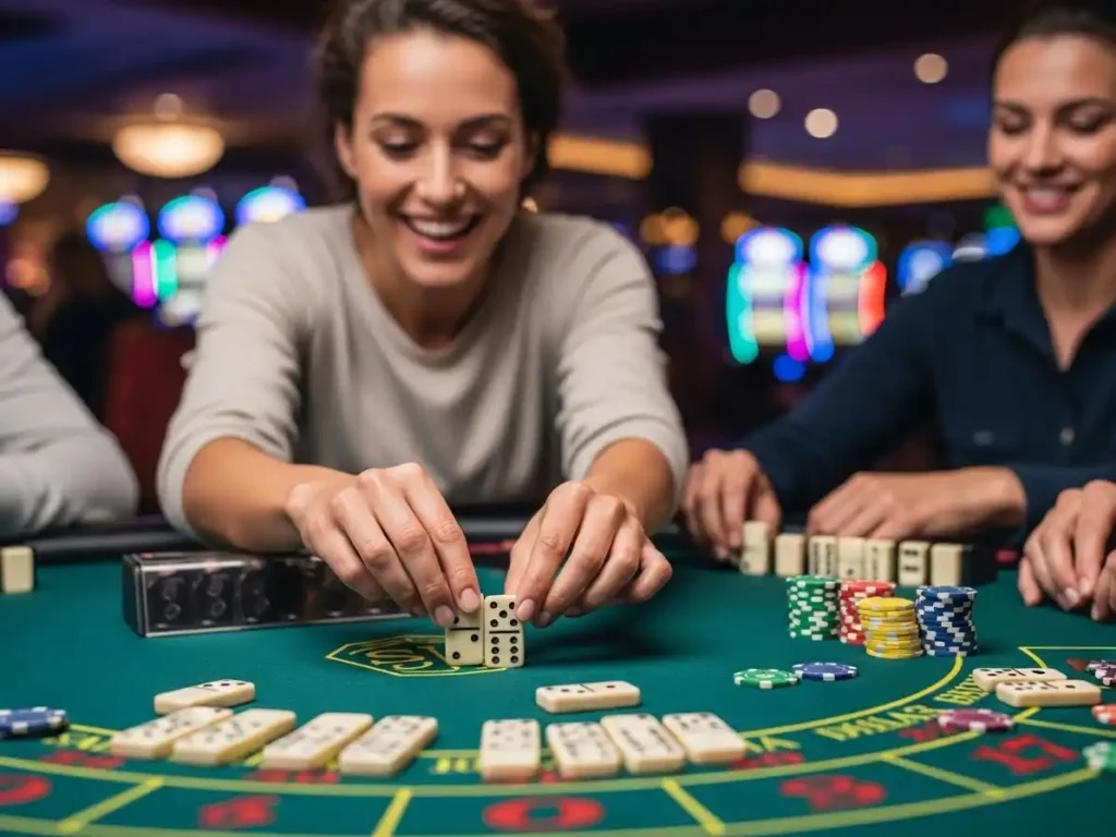 Smiling person playing online domino game through TMTCash link