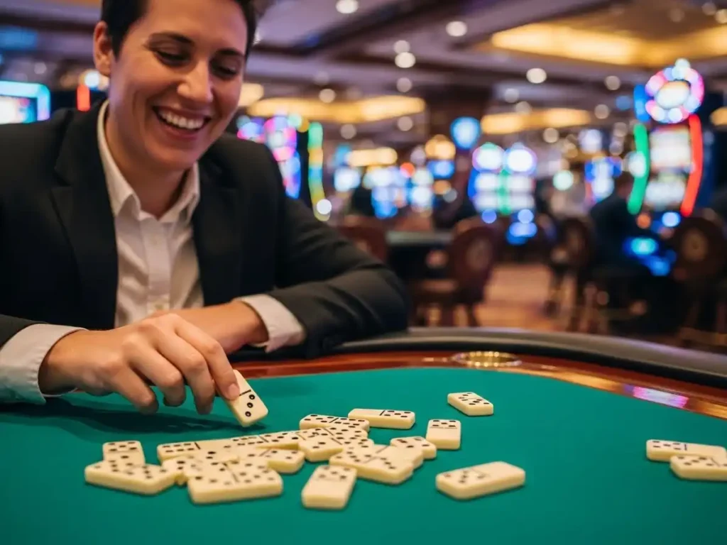 Cheerful domino player celebrating a winning round via TMTCash link