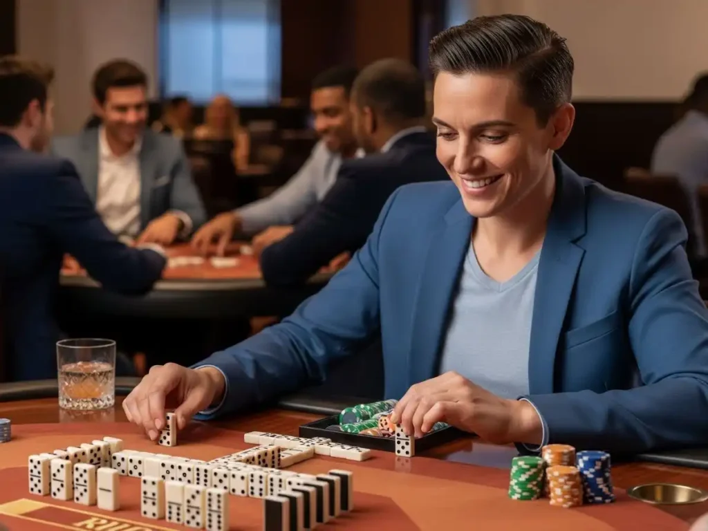 Happy person smiling while playing domino online using TMTCash link