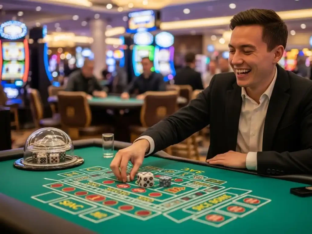 Smiling person playing online Sic Bo game via TMTcash download