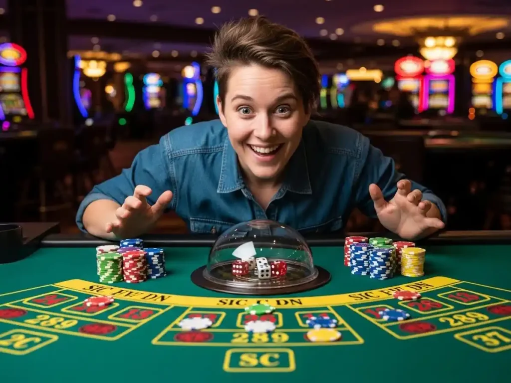 Cheerful Sic Bo player celebrating a winning roll using TMTcash download