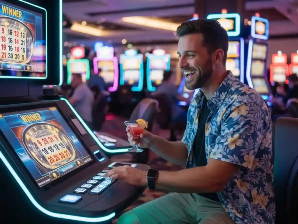 Smiling person playing online Keno game through tmtcash vip