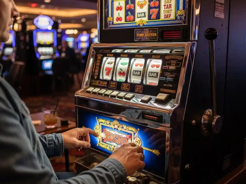 Professional gambler playing classic slots in a casino with tmt cash live