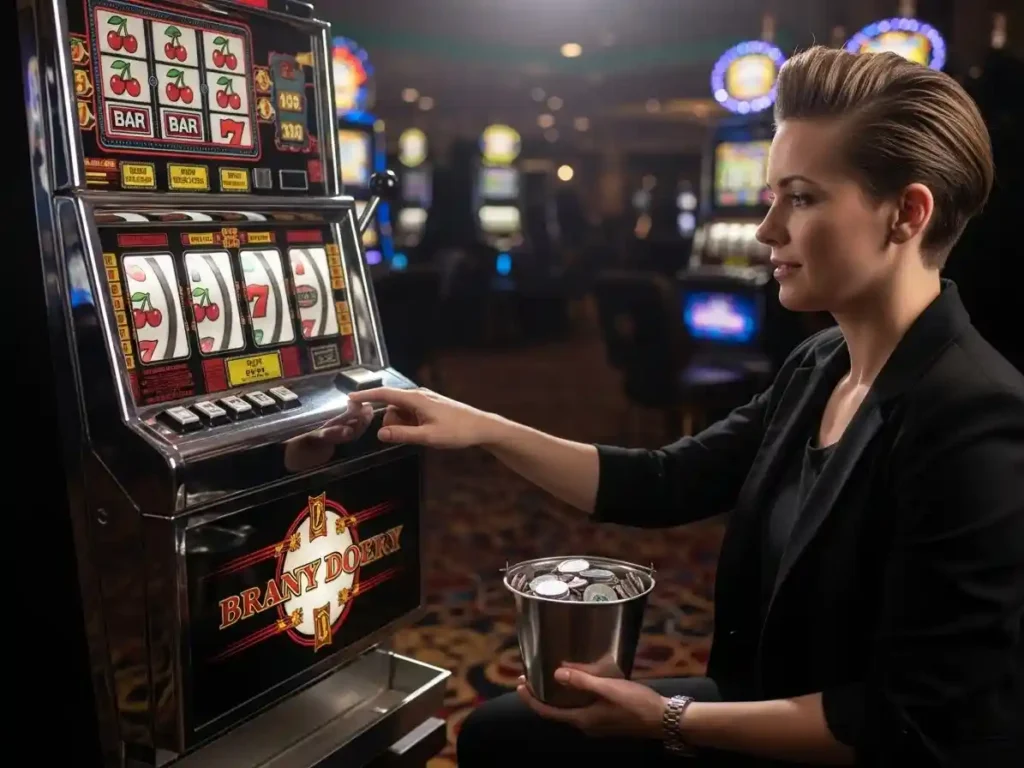 Casino player using a classic slot machine indoors with tmt cash live