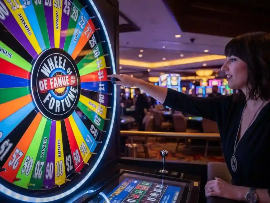 Professional gambler playing casino wheel of fortune indoors with tmt cash games