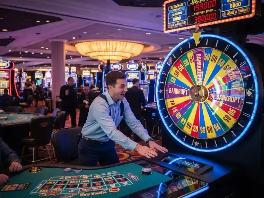 Casino player spinning wheel of fortune during live gameplay with tmt cash games